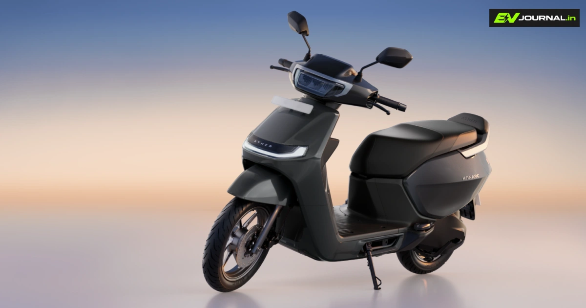 Ather Energy Q2 FY27 results reported alongside a dark grey Ather electric scooter