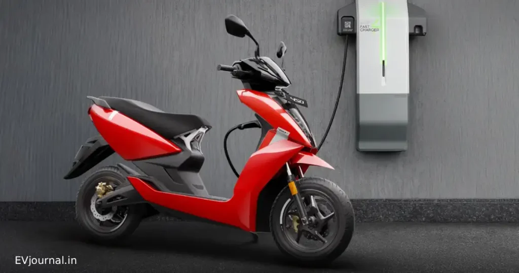 Red electric scooter charging with a wall-mounted EV charger.