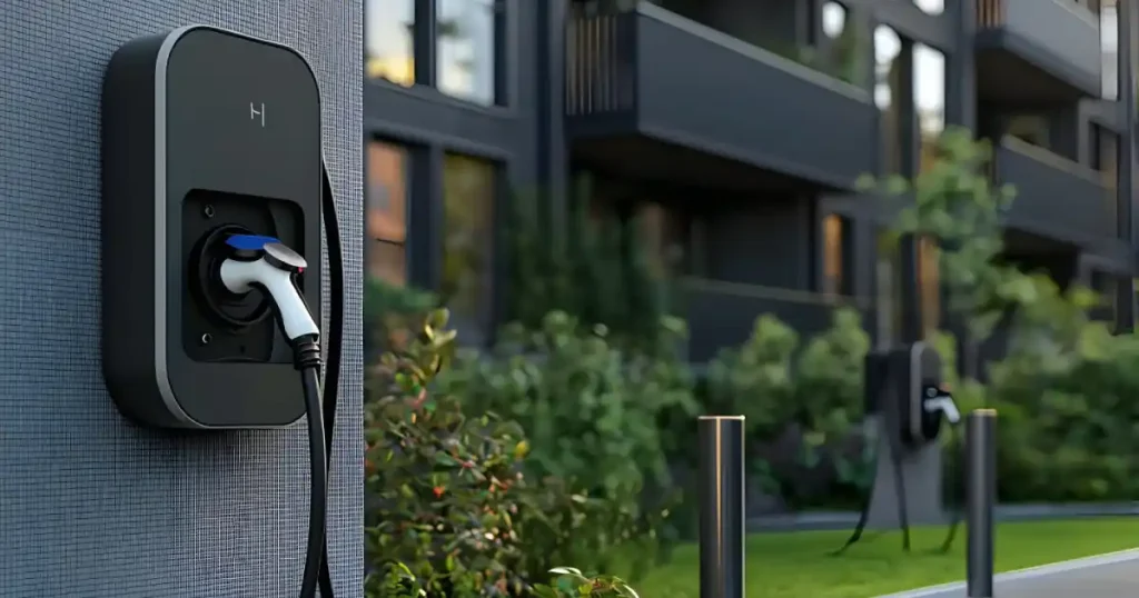 Wall-mounted electric vehicle charger installed outside a modern apartment building.