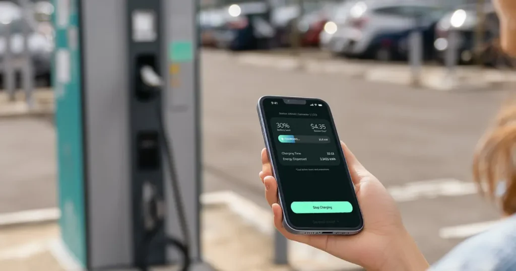 Smartphone displaying electric vehicle charging status and energy consumption at a public charging station.