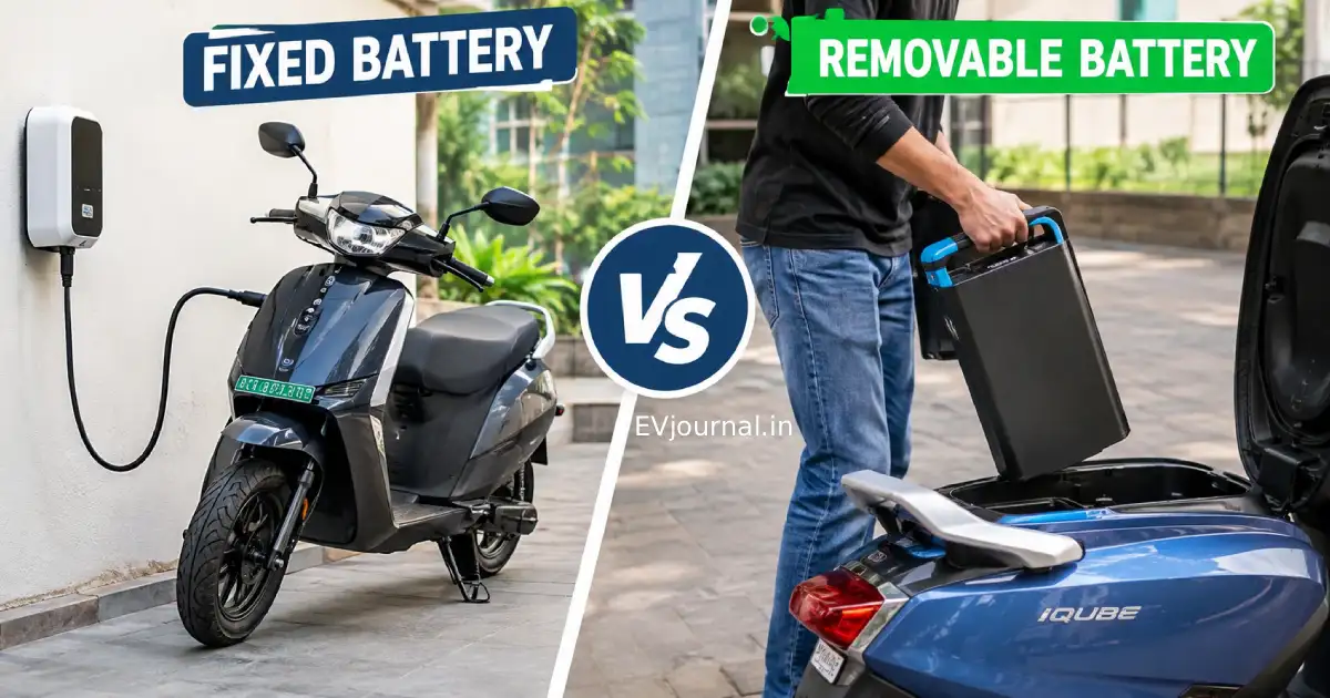 Fixed vs removable battery electric scooter comparison in India, showing home charging and a removable battery.