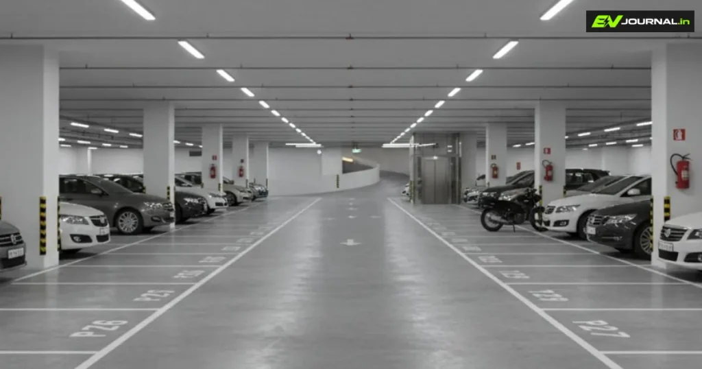 Apartment parking area with multiple cars in a residential building basement