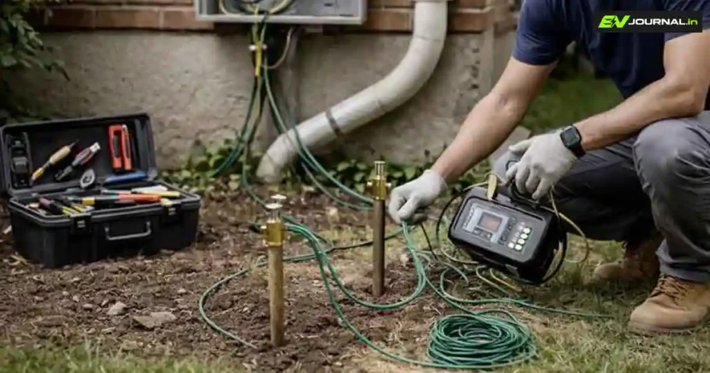 Electrician testing electrical earthing with a digital meter during EV charger installation