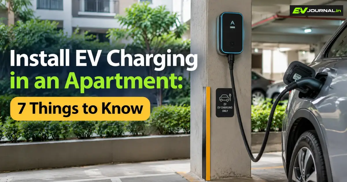 Install EV charging in an apartment parking area with a wall-mounted EV charger and electric car