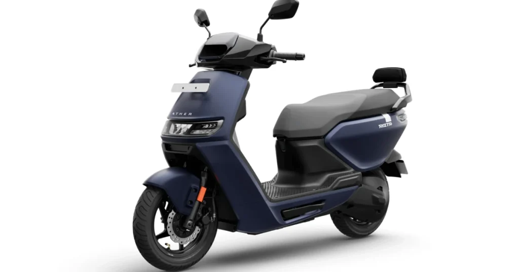 Long-Range Electric Scooters in India – Ather Rizta electric scooter in blue with a comfortable seat and modern styling