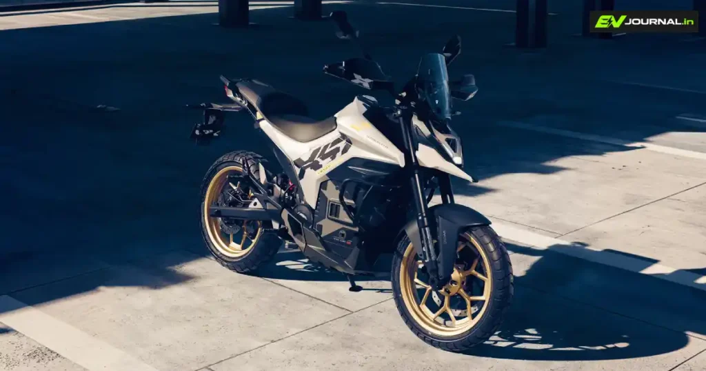 Ultraviolette X-47 Venom electric motorcycle in white with gold alloy wheels