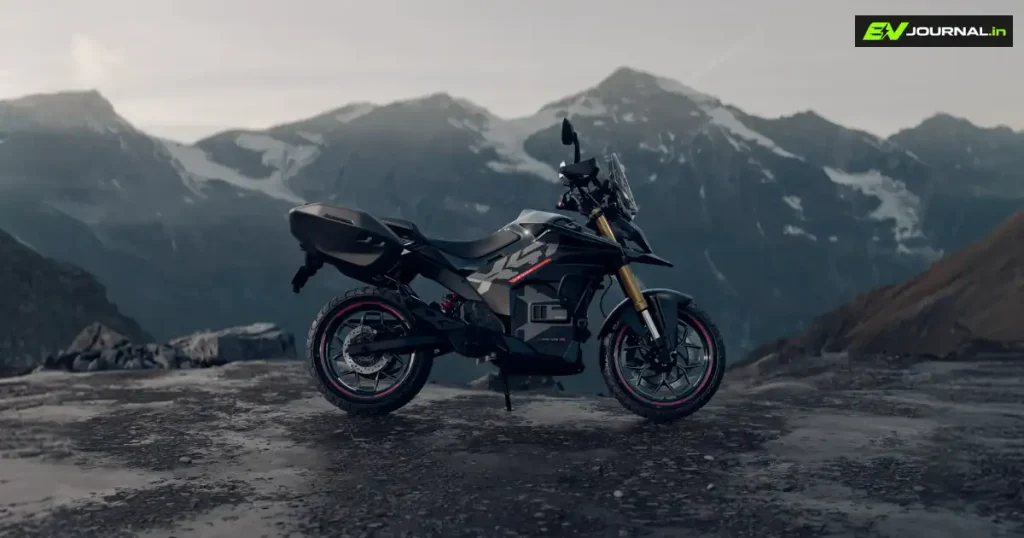Ultraviolette X-47 Venom electric motorcycle photographed against a mountain landscape